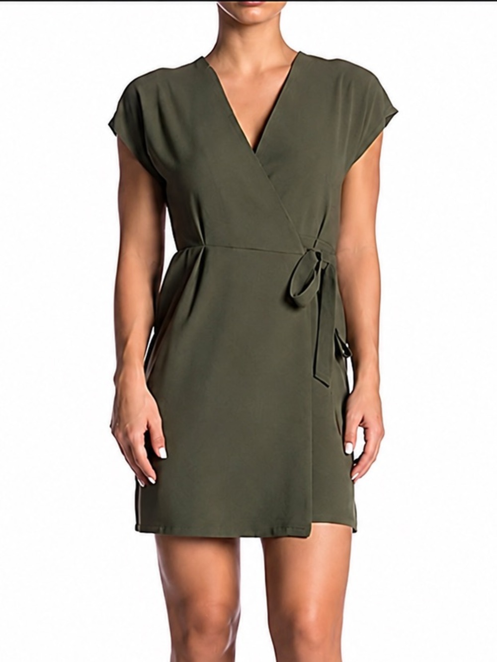 Bobeau Petite Olive Green Wrap Tie Waist Dress - Large Petite